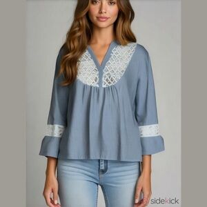 Anthropologie Ember Blue 3/4 Sleeve Boho V-Neck Blouse with White Lace Medium